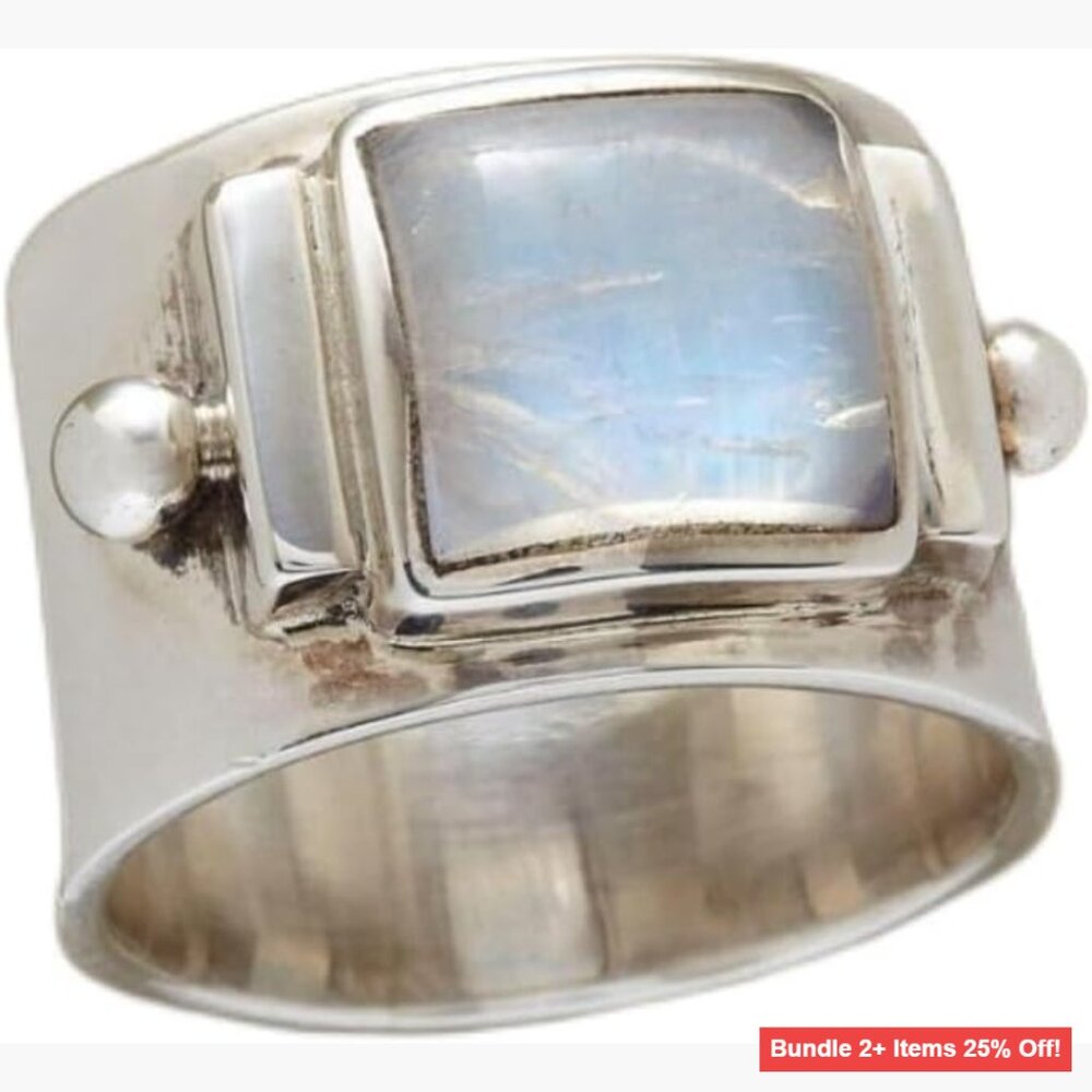 925 Sterling Silver Moonstone Wide Band Ring Size 9 Boho Vintage Statement